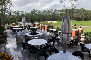 A new west-facing dedicated fire pit abuts the outdoor covered bar terrace and allows residents to enjoy stunning golf course views